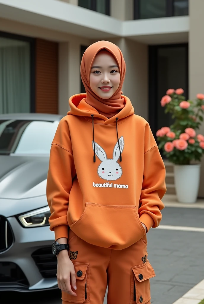 Beautiful Korean girl with smooth white skin. Well-groomed face, orange hijab with rabbit motif, orange hoodie decorated with rabbits, beautiful mama logo, cargo pants with lots of black pockets, cool watch, standing with his back to the luxury car while smiling faintly, facing the camera, in the background is a large luxury house, there are roses blooming in it. in a pot, original and realistic photo