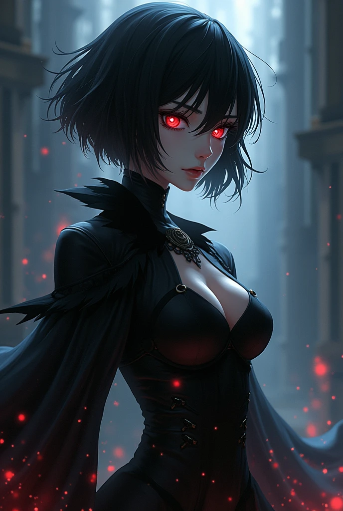 A female anime character with short black hair, red eyes, pale skin, and shadow power, super villain