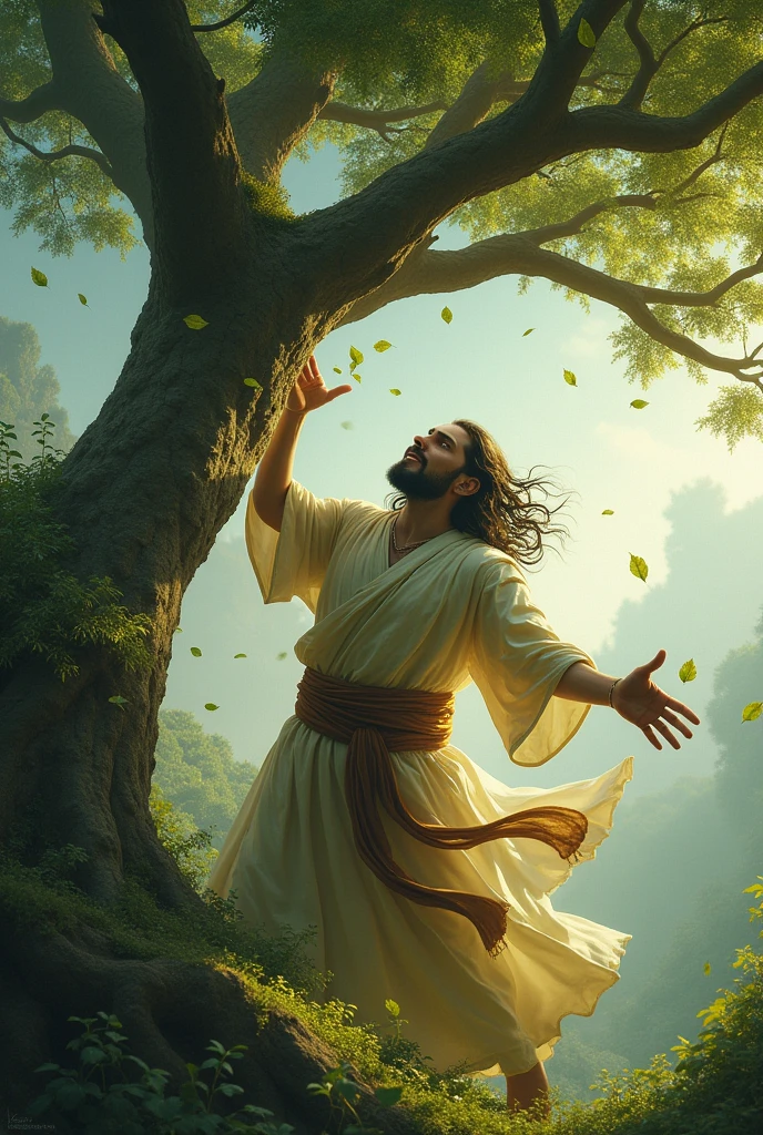 The saint concentrating deeply**, exerting his strength to make the tree shake even more vigorously, with leaves and small branches falling.