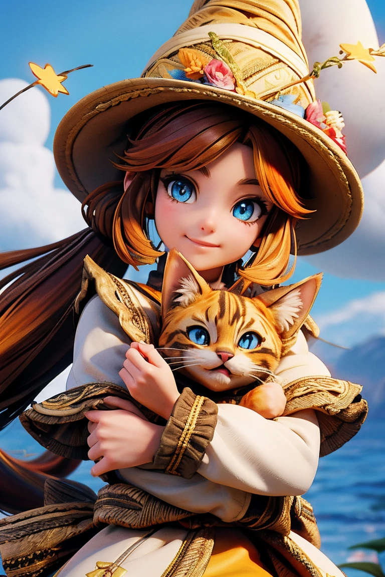 an animated character with here cat. in the fantasy town, warm tone color , colourful long ponytail hair, mythology clothing , gorgeous hat, flowers vine, wise colorful eyes, fantsy sky, flowers, shining star, Happy face feeling, wonderland mood and tone.