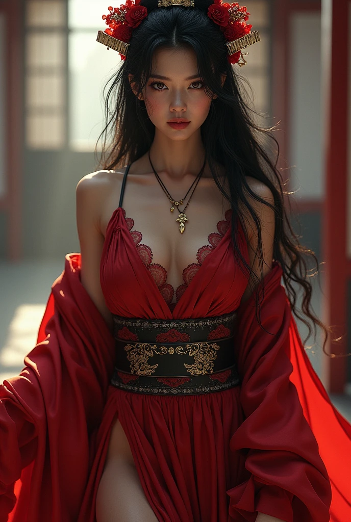 samurai woman, ((masterpiece, highest quality, Highest image quality, High resolution, Raw photo, 8K)), ((Extremely detailed CG unified 8k wallpaper)), (huge stunning goddess shot, very hot and sexy, full body, jaw-dropping beauty, perfect proportions, beautiful body, slim body beauty:1.4), black hair, shy, black hair, nervous, Posing for the camera, Wearing a revealing dress capturing the whole body from head to toes, seductive smile, photorealistic, 16k, 8k, 4K, award winning