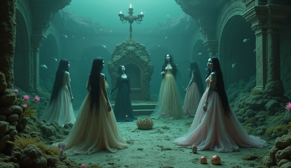 "A full-body shot of a (extra wide angle 1:1) in a dark low light deep sea medeval ballroom in an old gothic palace that has gone under the sea. Super-big ballroom. 2 queen twin sisters curled up and their 5 girlfriends liveless bodies surrounded by coloured fishes. Their body floading upside down, body posed horizontally,  with body posed vertically, floading down, floanding up. The queens have a big light-colored eyes, black super-long  hair. Their girlfriends have a long hair, perfect detailed eyes.Their wering black torned dresses. Pink and gold dresses. Dresses in many layered lace and shiffon torne and ripped. ( perfect hands, five fingers on each hand.) Small breasts cleavage, (hyper realistic perfect eyes 1:1). White perfect skin. Queens surrounded by Perished under-water palace 1:1 Wearing a layered black, white and gold ballroom dresses with lace and shiffon. On the bottom of the sea are golden crowns, adorned with pink crystals 1:1. Bright colourd fishes swimming arround. Corals, seamoss. Octopus. The scene a beautiful empresses dead, their long hair flowing every way, in their face. Sad. (Best Quality Detailed faces)1:1. A medieval fairytale vibe, with a big black intricate throne in a corner with tonns of seamoss and seeweed on it. In a fantastic scene that uses detaled realistic 3D model. crystal wine glasses on the sea floor broken The entire setup is Best Quality, masterpiece 1:1, capturing the essence of a beautiful dead girls, fantastical gothic setting, Dark deep sea Low greenblue lighting under neath. (8K).