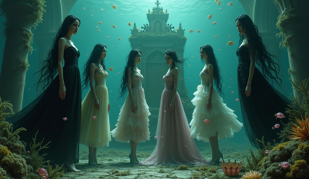 "A full-body shot of a (extra wide angle 1:1) in a dark low light deep sea medeval ballroom in an old gothic palace that has gone under the sea. Super-big ballroom. 2 queen twin sisters curled up and their 5 girlfriends liveless bodies surrounded by coloured fishes. Their body floading upside down, body posed horizontally, with body posed vertically, floading down, floanding up. The queens have a big light-colored eyes, black super-long hair. Their girlfriends have a long hair, perfect detailed eyes.Their wering black torned dresses. Pink and gold dresses. Dresses in many layered lace and shiffon torne and ripped. ( perfect hands, five fingers on each hand.) Small breasts cleavage, (hyper realistic perfect eyes 1:1). White perfect skin. Queens surrounded by Perished under-water palace 1:1 Wearing a layered black, white and gold ballroom dresses with lace and shiffon. On the bottom of the sea are golden crowns, adorned with pink crystals 1:1. Bright colourd fishes swimming arround. Corals, seamoss. Octopus. The scene a beautiful empresses dead, their long hair flowing every way, in their face. Sad. (Best Quality Detailed faces)1:1. A medieval fairytale vibe, with a big black intricate throne in a corner with tonns of seamoss and seeweed on it. In a fantastic scene that uses detaled realistic 3D model. crystal wine glasses on the sea floor broken The entire setup is Best Quality, masterpiece 1:1, capturing the essence of a beautiful dead girls, fantastical gothic setting, Dark deep sea Low greenblue lighting under neath. (8K).