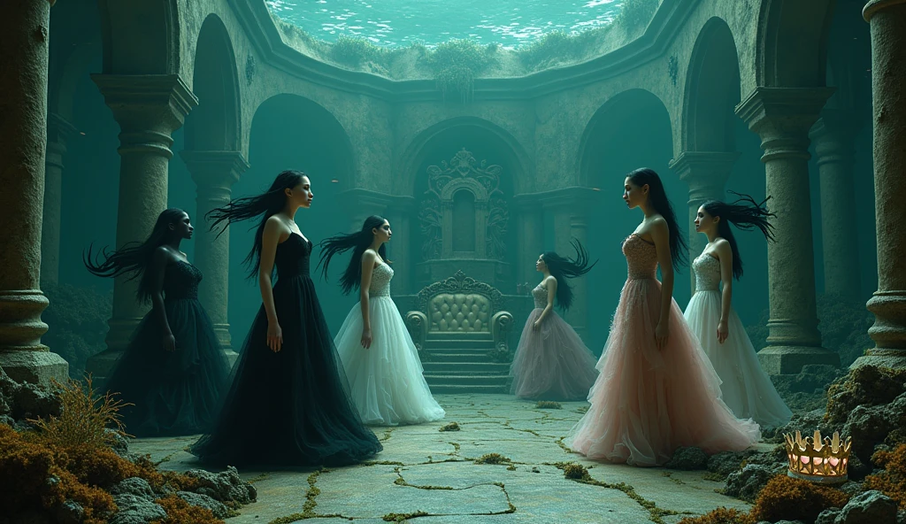 "A full-body shot of a (extra wide angle 1:1) in a dark low light deep sea medeval ballroom in an old gothic palace that has gone under the sea. Super-big ballroom. 8 girlfriends with extraordinairy beautiful faces, liveless bodies surrounded by coloured fishes. Their body floading upside down and all around. They have a big light-colored eyes, black super-long hair. With perfect detailed eyes.Their wering black torned dresses. Pale pink and gold dresses torned. Dresses in many layered lace and shiffon torne and ripped. ( perfect hands, five fingers on each hand.) Small breasts (hyper realistic perfect eyes 1:1). White perfect skin. They are surrounded by Perished under-water palace 1:1 Wearing a layered black, white and gold ballroom dresses with lace and shiffon. On the bottom of the sea are golden crowns, adorned with pink crystals 1:1. Bright colourd fishes swimming arround. Corals, seamoss. Octopus. The scene a beautiful empresses dead, their long hair flowing every way, in their face. Sad. (Best Quality Detailed faces)1:1. A medieval fairytale vibe, with a big black intricate throne in a corner with tonns of seamoss and seeweed on it. In a fantastic scene that uses detaled realistic 3D model. crystal wine glasses on the sea floor broken The entire setup is Best Quality, masterpiece 1:1, capturing the essence of a beautiful dead girls, fantastical gothic setting, Dark deep sea Low greenblue lighting under neath. (8K).