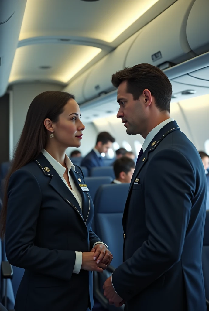 Generates an image of a crew member communicating with another crew member on the plane 