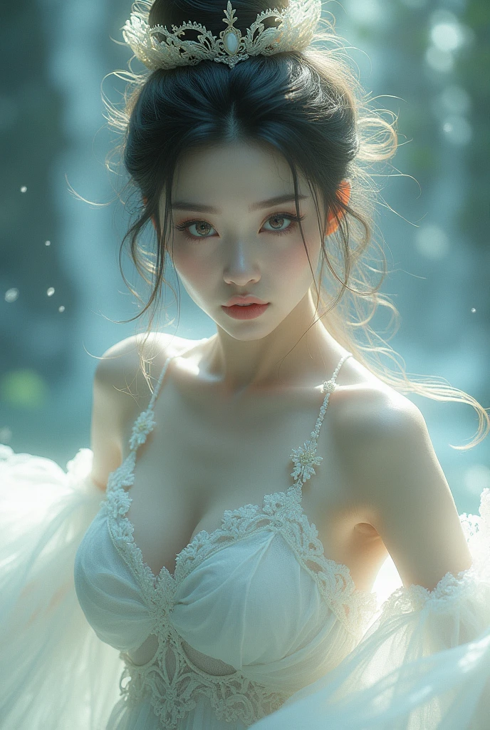 a gorgeous girl with delicate features,full body,sliver big eyes,pale white skin,Gauze skirt, slender legs, Chinese female, high brightness,shimmer pearly color,high quality,ultra detailed,dynamic poses,dynamic angles,mysterious,fantasy,magic,shinning --ar 9:16 --v 6.0 --s 750