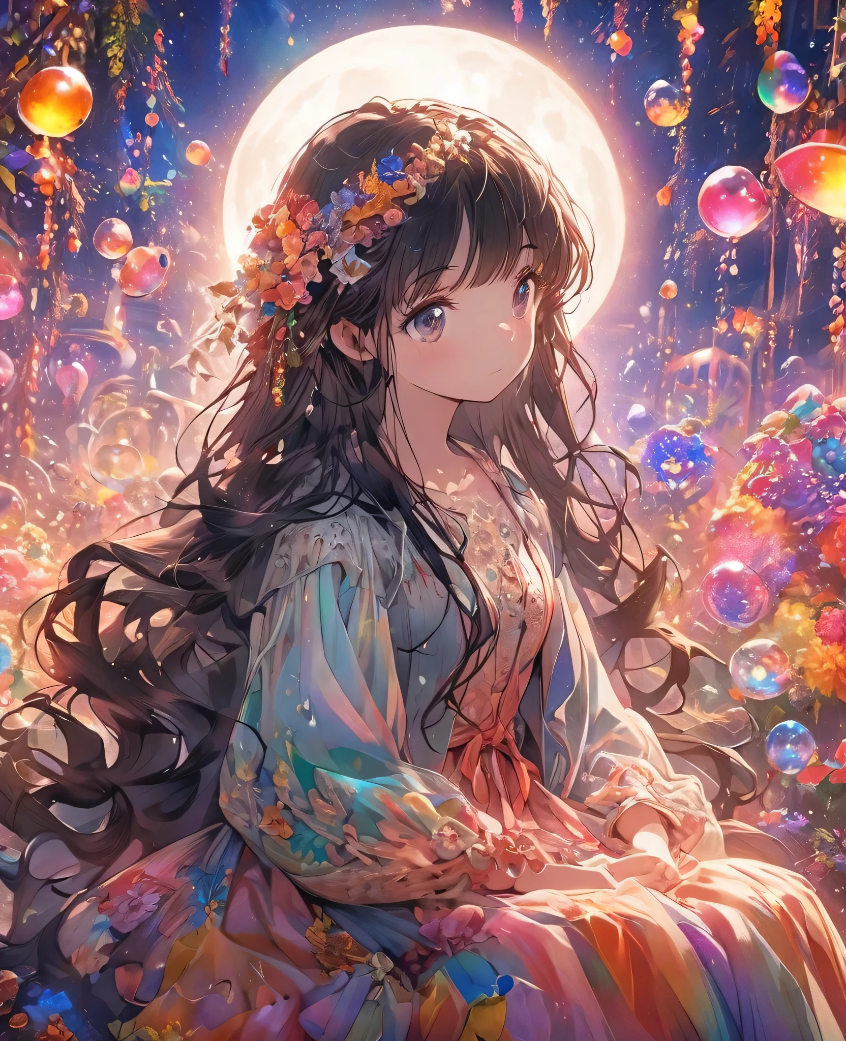 A colorful picture、Fantastic anime style illustration，Depicts a long black-haired girl standing in front of a full moon, Young girl in a beautiful dress, Sitting in the vibrant, rainbow_Bubble Landscape. She wears casual attire, Surrounded by a kaleidoscope of colors and lights. The background is full of whimsical details and a magical atmosphere. 