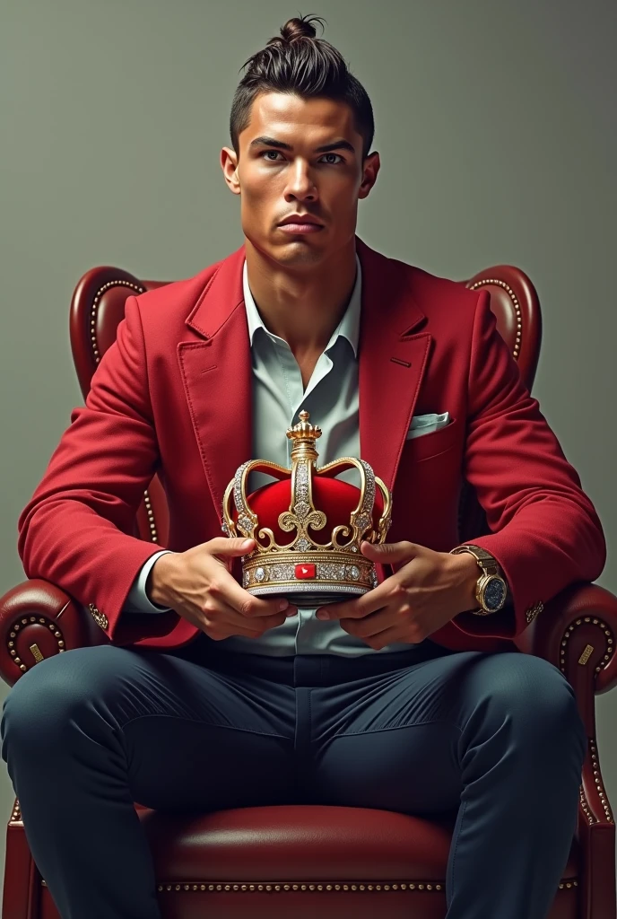 King of YouTube Cristiano ronaldo sitting on chair with YouTube crown in hand diamond bplay button