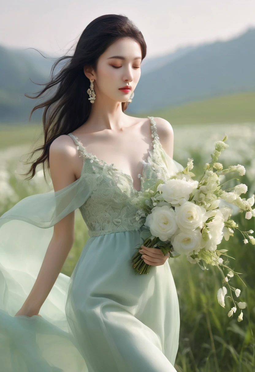 (best quality,8K,high resolution,masterpiece:1.2),Extremely detailed,(Practical,Reality,Photo-real:1.37),portrait,Creative style artwork,,classical,complicated,multiple colour,Very detailed,Soft lighting,Luxurious environment,detailed gown,Bright flowers,detailed jewellery,Ethereal atmosphere,Elegant Posture,Beautiful curves,Golden body proportions，Flowing long hair,Stunning textile patterns,blue，green,Delicate floral decoration,A wide range of crystal accessories,Mysterious and dreamy atmosphere,Impeccable attention to detail.