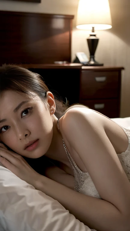 (8k, RAW photos, best quality, masterpiece: 1.2), (realistic, photorealistic: 1.37), hotel room, Dark Evening, Stand light lighting, Lying in bed without wearing anything, Lying down as seen from the ceiling