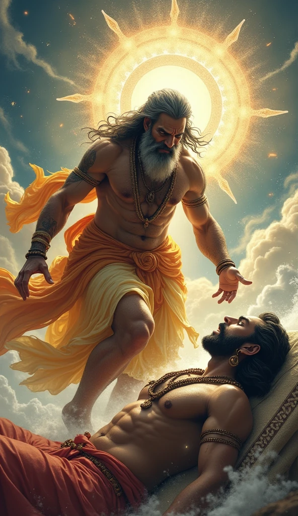 क्रोध में आकर भृगु ऋषि(age around 55) विश्राम करते हुऐ भगवान विष्णु के छाती पर लाथ मारे generate image