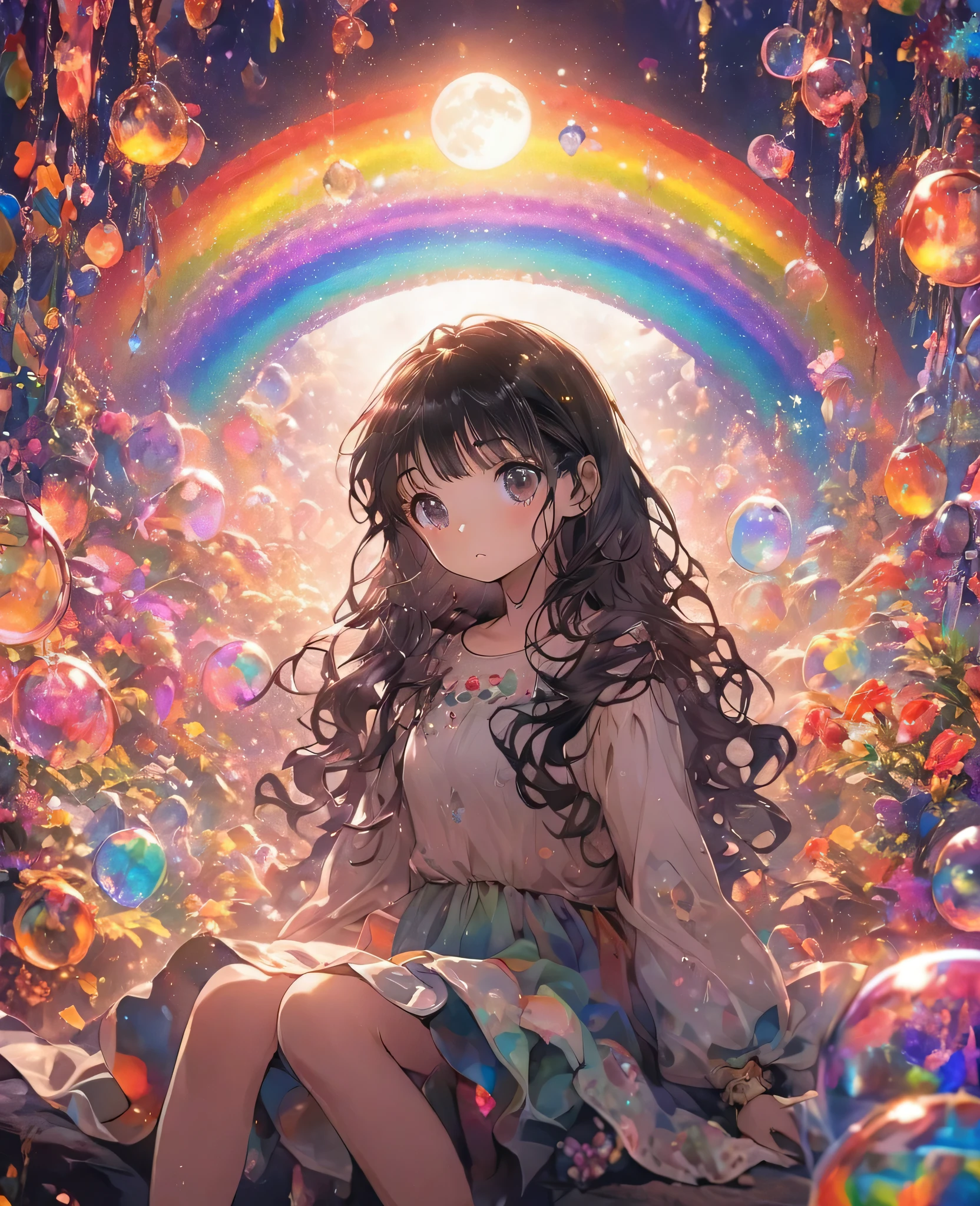 A colorful picture、Fantastic anime style illustration,Depicts a long black-haired girl standing in front of a full moon, Young girl in a beautiful dress, Sitting in the vibrant, rainbow_Bubble Landscape. She wears casual attire, Surrounded by a kaleidoscope of colors and lights. The background is full of whimsical details and a magical atmosphere.