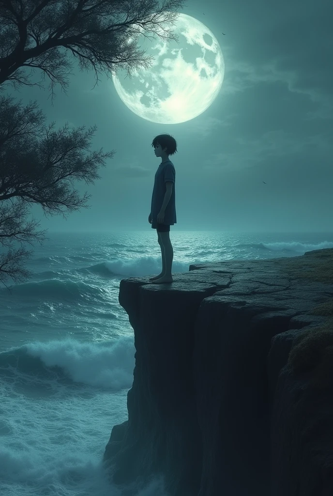 The wind whispered through the branches of the trees.
The sound of the sea waves was present on the silent cliff. At the top of a ravine a thin young man standing on the shore, Her pale skin shone in the moonlight and her short, night-black hair blew in the wind., and her tearful eyes conveyed a deep sadness, His intense loneliness filled the atmosphere making it dense, difficult to breathe.