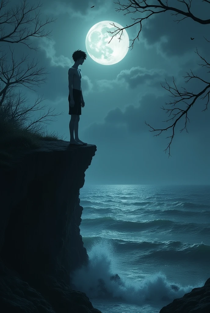 The wind whispered through the branches of the trees.
The sound of the sea waves was present on the silent cliff. At the top of a ravine a thin young man standing on the shore, Her pale skin shone in the moonlight and her short, night-black hair blew in the wind., and her tearful eyes conveyed a deep sadness, His intense loneliness filled the atmosphere making it dense, difficult to breathe.