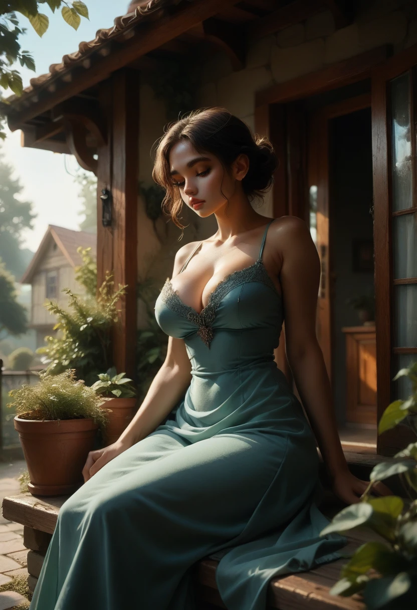 Dress Clothes, big breasts, Young woman, Near the house, resting, curvy, very sexy