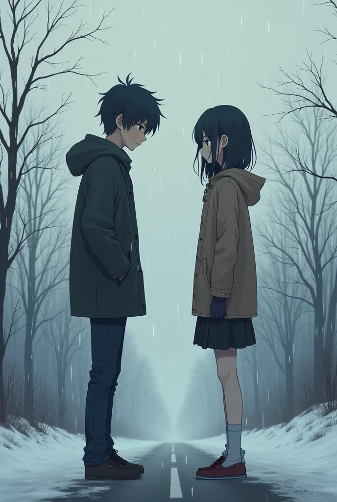 The winter season as an album cover, related to heartbreak and a boy and girl couple ending their relationship, under the rain or snow moving away from each other, anime style and they are agers