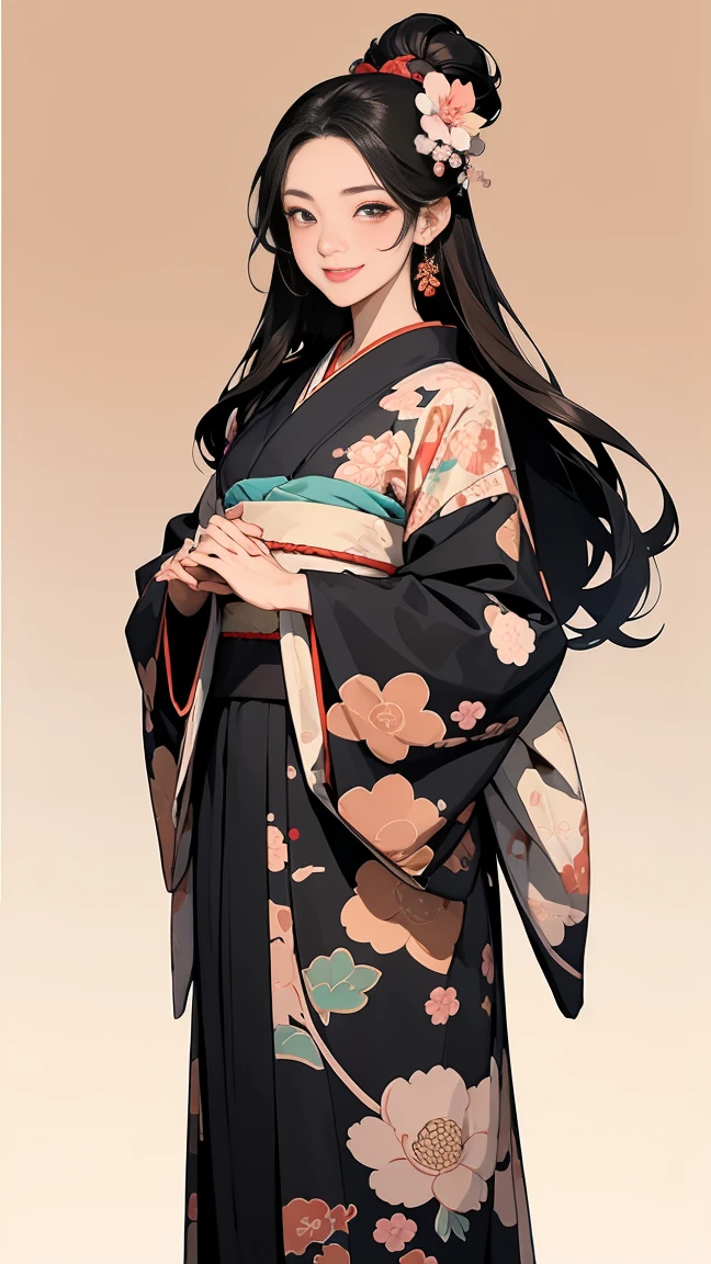 (SeaArt creates stunning illustrations of beautiful women in kimono)、Vividly colored Japanese Ukiyo-e style illustrations、A beautiful woman smiles and shows her upper white teeth、Brown-black long hair、Beautiful full body style、Let's dance a little Tokyo Ondo, yoi yoi、Beautiful new digital paintings,、Bright vibrant digital anime art、 Beautiful anime portraits、background,Torii gate front of Japanese shrine、 Detailed digital anime art、