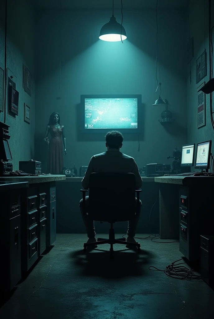 Anjaam Pathira movie psycho home with 7 hacking devices and a chair and statue of blind law in table. a man sadly sit in front of the table in a chair with a wakitaki and see the wall cctv screen. img taken from left side. need dark smoky background. 