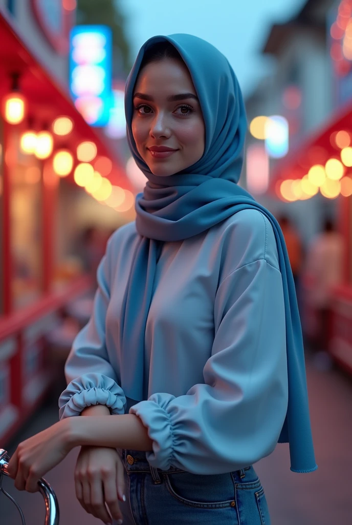 (photorealism:1.2), (masterpiece) beautiful woman, 29 years, standing on bycicle,
wearing long sleeve blouse hoody, jins pants, soft blue hijab, pink lipstick, smyling thinly to camera, shoot infrobt of the face, outdoors, red and blue lighting, Carnival sound, relaxed pose, realistic, intricate details, warm colors, realistic moment, realistic hijab, fokus, 5D 8K