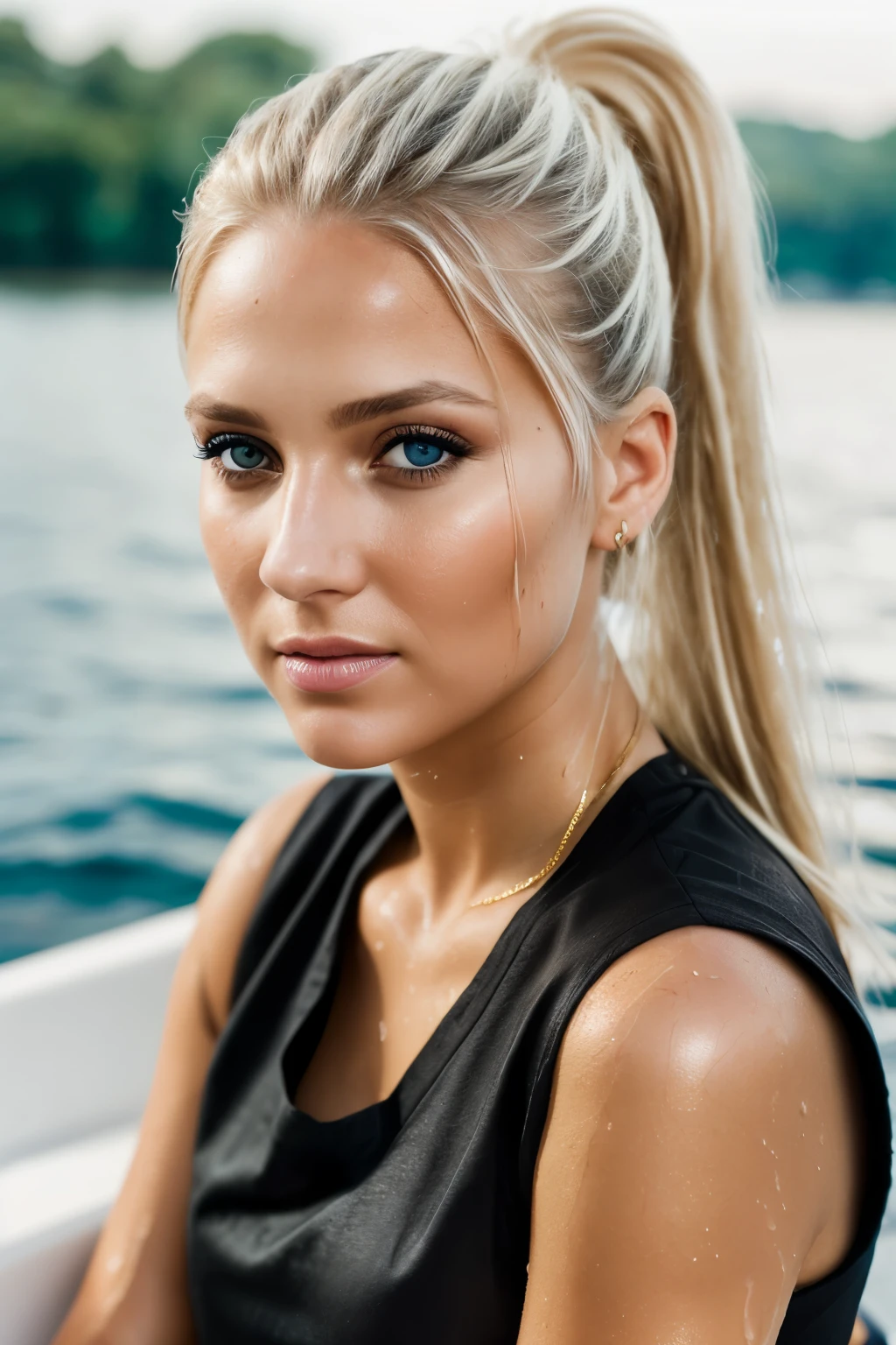 RAW, real photo portrait, morganVe1, on a boat, (wearing a wet black t-shirt), pretty face, insanely detailed eyes, light blonde hair, high ponytail, bokeh, natural light, depth of field, golden hour, sharp focus