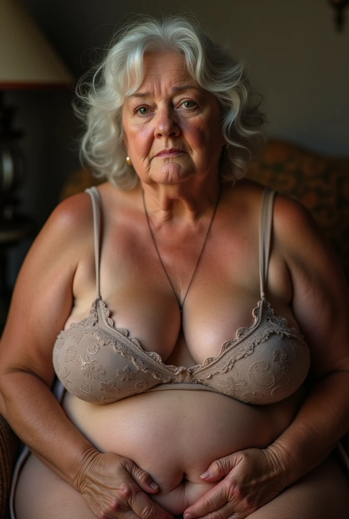 Old granny .I want a realistic image of an old black skinned lady She is chubby and humble and she is naked  Inside your room Her breasts and hairy pussy appear nud pussy hairy