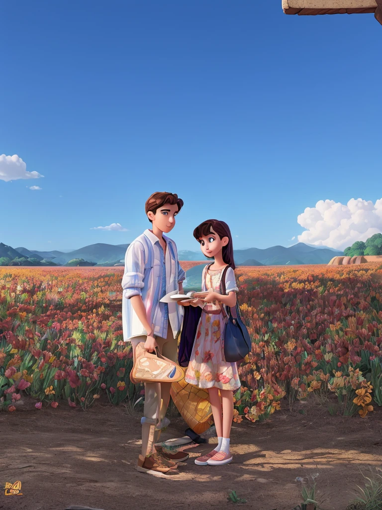A movie poster inspired by Disney Pixar's unique digital art style. Young man with young woman in summer environment. The background should be rich in vibrant colors, complemented by meticulous textures reminiscent of Pixar's renowned animations.
