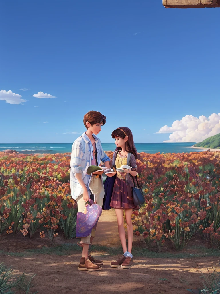 A movie poster inspired by Disney Pixar's unique digital art style. Young man with young woman in summer environment. The background should be rich in vibrant colors, complemented by meticulous textures reminiscent of Pixar's renowned animations.