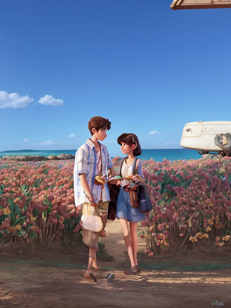 A movie poster inspired by Disney Pixar's unique digital art style. Young man with young woman in summer environment. The background should be rich in vibrant colors, complemented by meticulous textures reminiscent of Pixar's renowned animations.