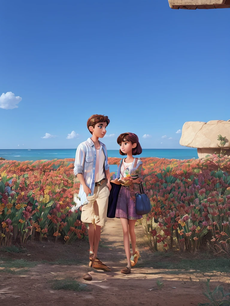 A movie poster inspired by Disney Pixar's unique digital art style. Young man with young woman in summer environment. The background should be rich in vibrant colors, complemented by meticulous textures reminiscent of Pixar's renowned animations.