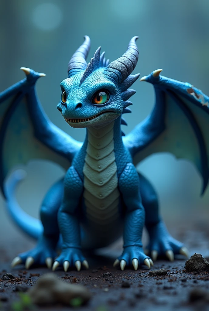 Make a baby dragon, cerulean, with four legs, one normal wing and the other torn. Don't be cute