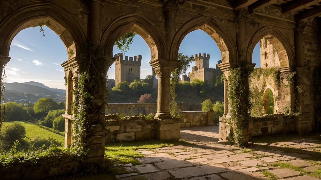 Depict a weathered, crumbling castle on a hill, bathed in the soft light of a setting sun. Vines and ivy overgrow the stone walls, and the remnants of a grand hall can be seen through broken arches. The atmosphere is one of quiet nostalgia, evoking a sense of lost grandeur and timeless beauty.