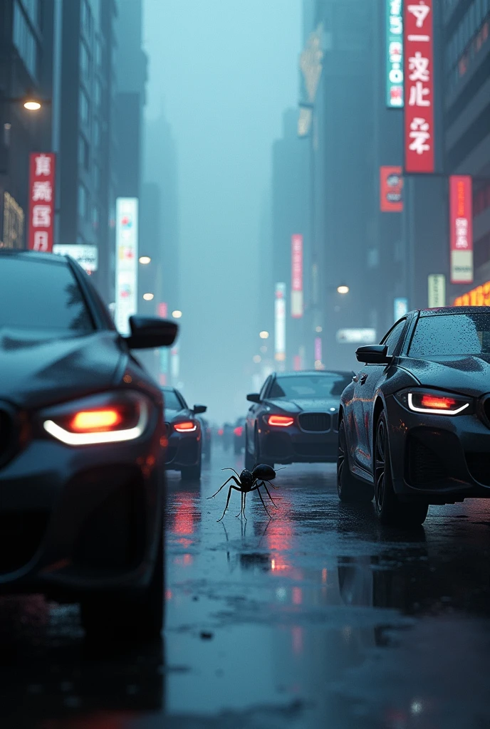 Ant in cyberpunk in night at fog around a lot of bmw in black colour