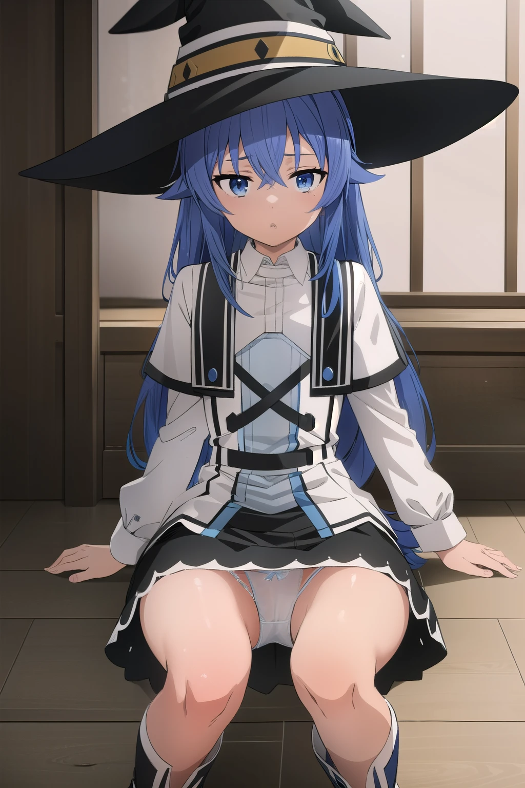 (masterpiece), (Highest quality), One girl, (Roxy Migurdia), Blue Hair, Long Hair, Hair between the eyes, Ahoge, Twin Blade, blue eyes, witch hat, Small breasts, White collared shirt, Long sleeve, Wide sleeves, White capelet, Black Skirt, Black socks, White boots, looking at viewer, (white Lace panties), (show off panties), (squatting: 1.3), spread legs, (skirt lift), cowboy shot, indoor, 