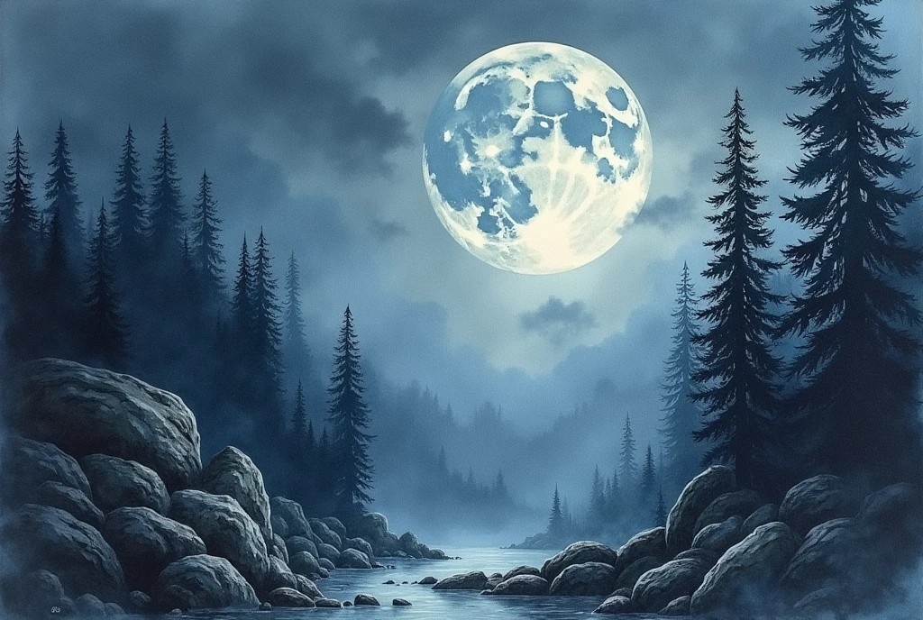 Watercolor painting Gothic Landscape with detailed moon, rocks and pine trees. 