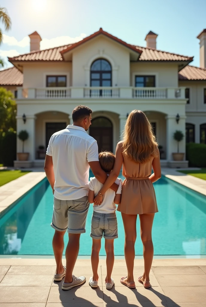 A couple with two children stand with their backs to the camera next to a luxurious two-story house with a swimming pool in sunny weather, full body