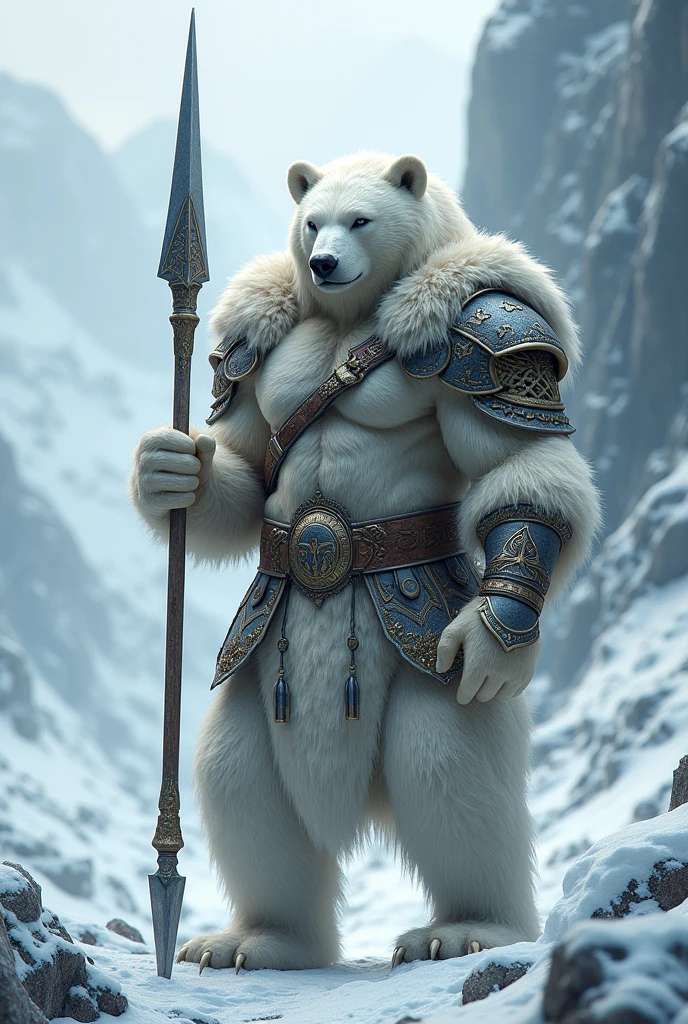 a picture of an an anthro white bear warrior, armed with an spear (intense details, Masterpiece, best quality: 1.5),, wearing heavy armor (intense details, Masterpiece, best quality: 1.5), rich white fur, arctic background, heavy snow (intense details, Masterpiece, best quality: 1.5), high details, best quality, 8k, [ultra detailed], masterpiece, best quality, (extremely detailed), ultra wide shot, photorealistic, RAW, 3D rendering, fantasy art, dnd art, fantasy art, realistic art, octane rendering, an ultra wide angle
