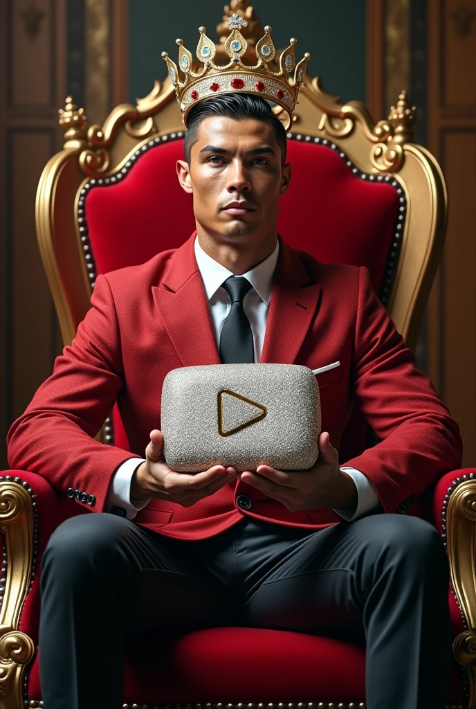 King of YouTube Cristiano ronaldo sitting on chair with YouTube crown in hand big diamond play button