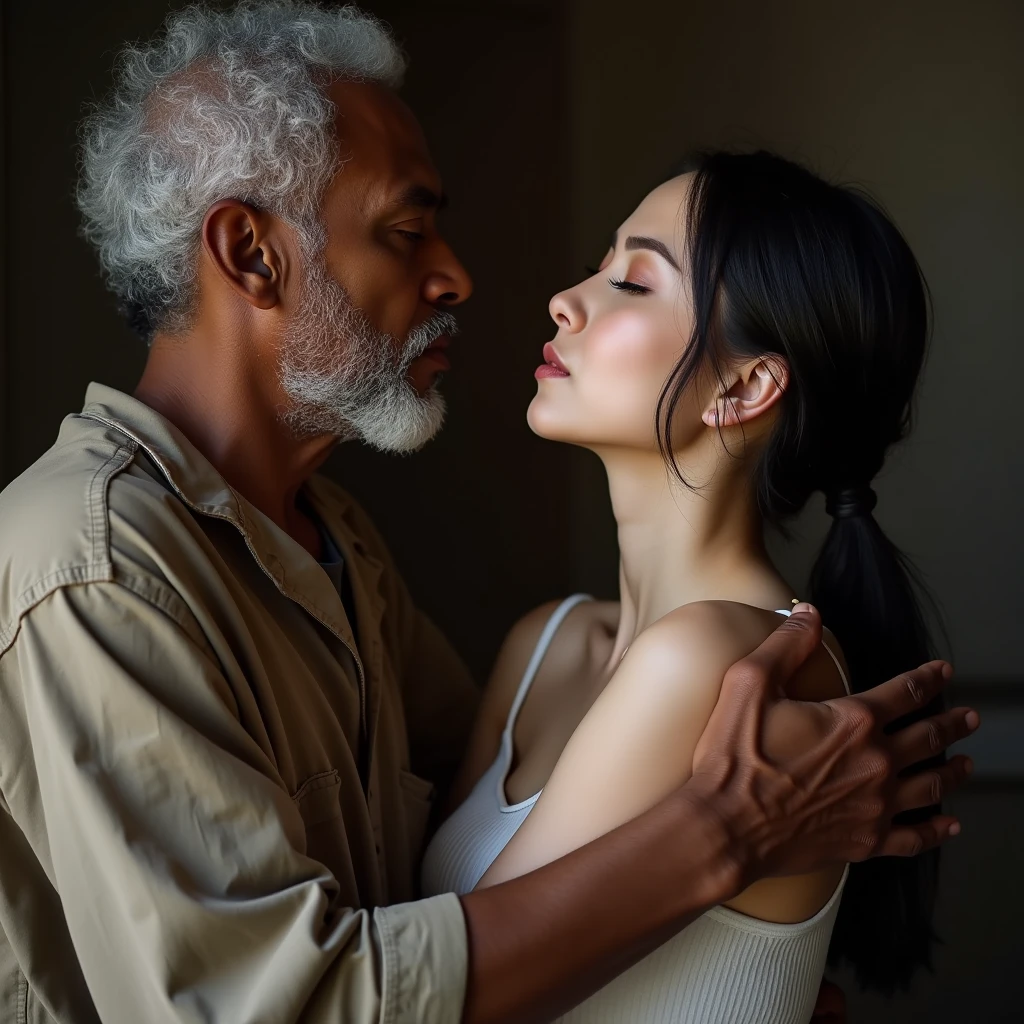 ( Photo realism1.5) Photo realistic of super beautiful young japanese woman,1,Black long hair,Having sex on the double bed ,No makeup,without make-uprevealing part of her large breasts,Faint light,Old room,There seems to be an elderly, naked, dark-skinned, white-haired Africa male beside the bed hugging,grabing breast, and caressing the woman..
