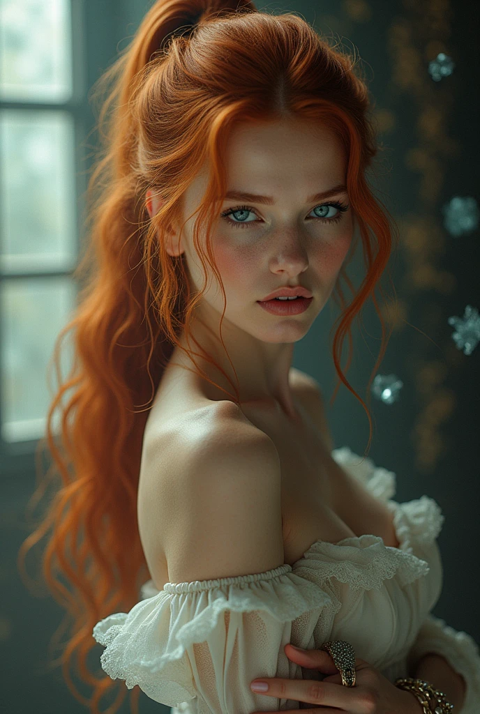 (solo, full body photo:1.3), (action packed:1.3), (haze, fog, mist:1.3), chiaroscuro, best quality, photorealistic, 1woman, (cute), (24yo:1.2), redhead, long ginger hair highly detailed, 1700'S, digital photography, art by artgerm and ruan jia and greg rutkowski surreal painting gold butterfly filigree, broken glass, (masterpiece, sidelighting, finely detailed Fashionable eyes: 1.2) (perfect oval large eyes that gazes at the viewer), beautiful detailed face, blue gorgeous perfect eyes, (blonde hair ponytail), (attractive young woman:1.3), (thick amazing hair), (seductive:1.1), (blushing:1.1) and big boobs