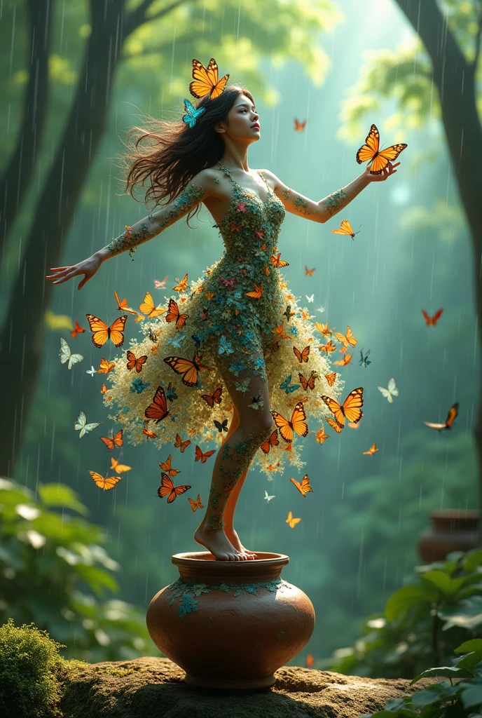 A human like figure made of butterfly dancing on a pot, forest rain background