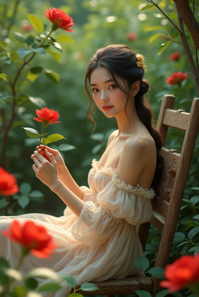 A young woman sitting on wood chair, in nature, beautiful dresses, big red and green plants and flowers, 8 k quality, in hand 🌹