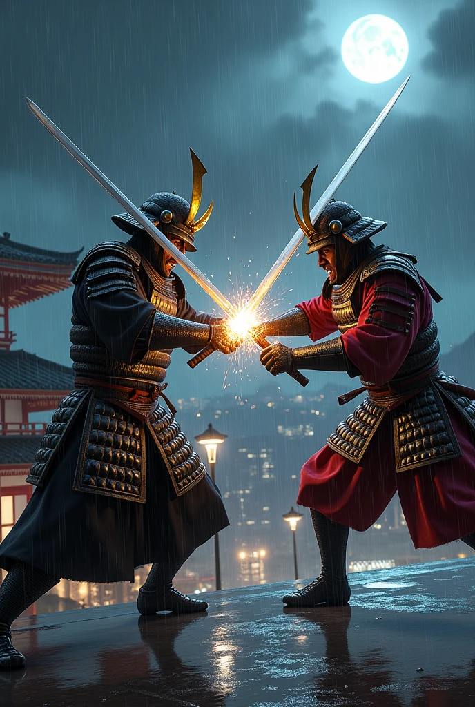 2 samurai 1 black and gold and the second red and black ( both in armor ) fighting on the roof of the building in the rain, clashing their katanas so that sparks fly ( at night, Very realistic )