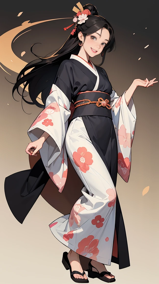 (SeaArt creates stunning illustrations of beautiful women in kimono)、Vividly colored Japanese Ukiyo-e style illustrations、A beautiful woman smiles and shows her upper white teeth、Brown-black long hair、Beautiful full body style、Let's dance a little Tokyo Ondo, yoi yoi、Beautiful new digital paintings,、Bright vibrant digital anime art、 Beautiful anime portraits、background,Torii gate front of Japanese shrine、 Detailed digital anime art、