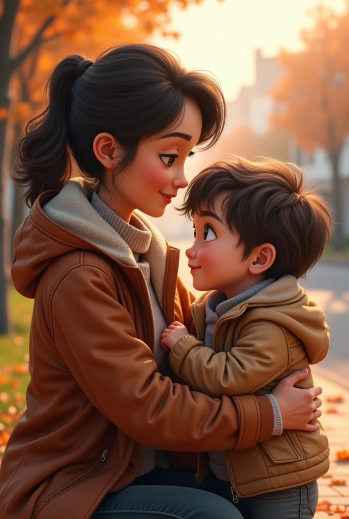 Mom giving child a jacket bc its cold animation realistic