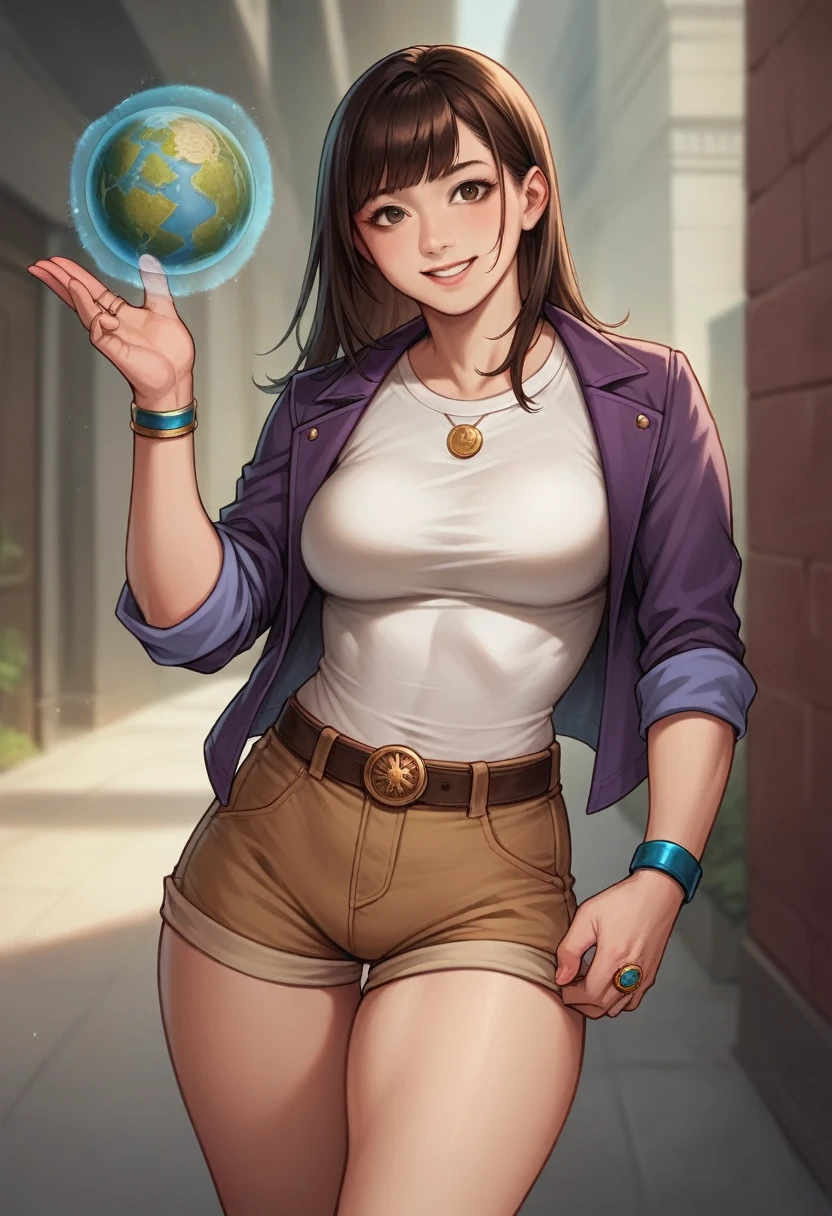 A cinematic portrait of a Asian young woman with a bob with bangs. She has brown eyes and pale skin. She wears a gold medallion around her neck, a blue bangle and a wrist-watch on her left wrist. She wears a pink T-shirt with a green globe emblem, a purple jacket with the sleeves rolled up to her elbows and brown shorts (her belt is black with the same symbol on her buckle). Her socks are green and her sneakers appear to be blue, pink and white; smile; blurry background; professional shot; unreal engine; photorealistic; magic ring on her right hand; thick thighs; island; yellow cruiser