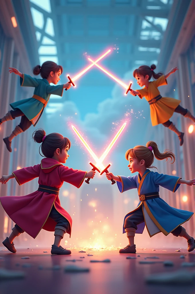 Janret in cinemetic 3d carton stail**"Second Magic Class - Sword Fighting in the Air":** A training room where children, dressed in magical robes, are engaged in aerial sword fighting, with glowing swords and protective shields.
