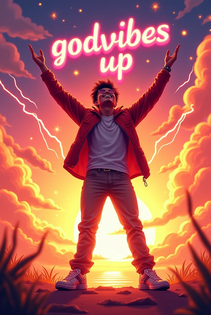 A vibrant sunset scene with orange gradients, pink and purple in the sky. A young man with a reggaeton style, in a victory pose, with brightness around it. Flames and lightning around the character, movement lines for dynamism. Radiant sun overhead and bright stars in the sky. texto "Godvibes up" in a bright, stylized font. positive and inspiring energy.