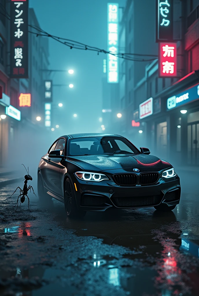 Ant in cyberpunk in night at fog around a 2 bmw in black colour