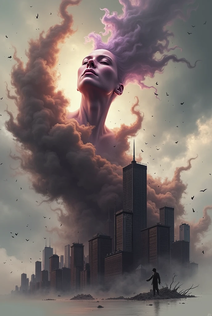 ((Purple fog and smoke shroud:1.7)), (Mysterious fog:1.5), Severe storm visualization: Storm clouds in the shape of a woman&#39;s face, Covered by the shadows and nuances of turbulent clouds. From her mouth, A strong wind is blowing, Figuratively speaking. These powerful wind gusts are causing great damage in urban areas., Turning buildings into dust. The storm has scattered debris, Depicting the power of nature. but, In this imaginative depiction、people々Because safety is the top priority、シーンにはpeopleがいない.