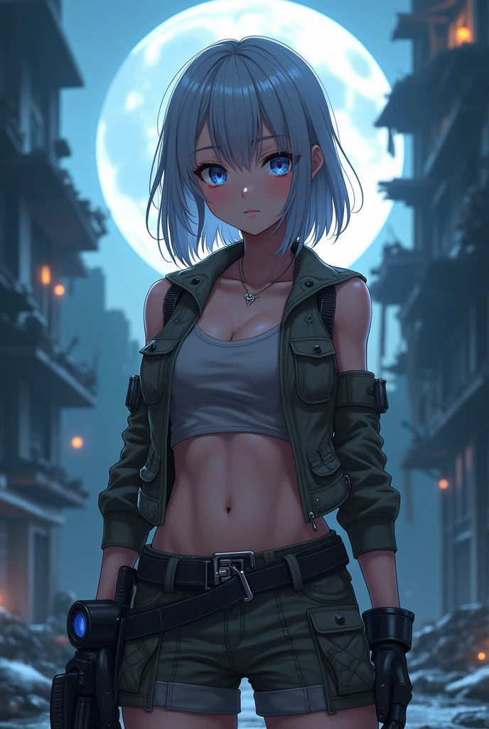 (Masterpiece, Highest quality, Highest picture quality, high resolution, Realistic Anime) 16K Photorealistic Quality Digital Painting Mode Beautiful post-apocalyptic girl with medium-length silver hair, blue eyes, wearing tactical gear. (Unbutton and open chest, Big boobs, hot and sexy.) Standing amidst a desolate cityscape with crumbling buildings as a backdrop. Moonlight casting shadows, glowing skin, a stoic and protective expression. Whole body, animated pose, life-size, perfect anatomy, detailed skin textures. Full HD 16K HDR resolution. Perfect anatomy, depth of field.